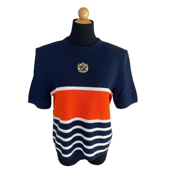ST. JOHN WOMENS NAVY ORANGE AND GOLD SHORT SLEEVE SWEATER SIZE 10 - Picture 1 of 6